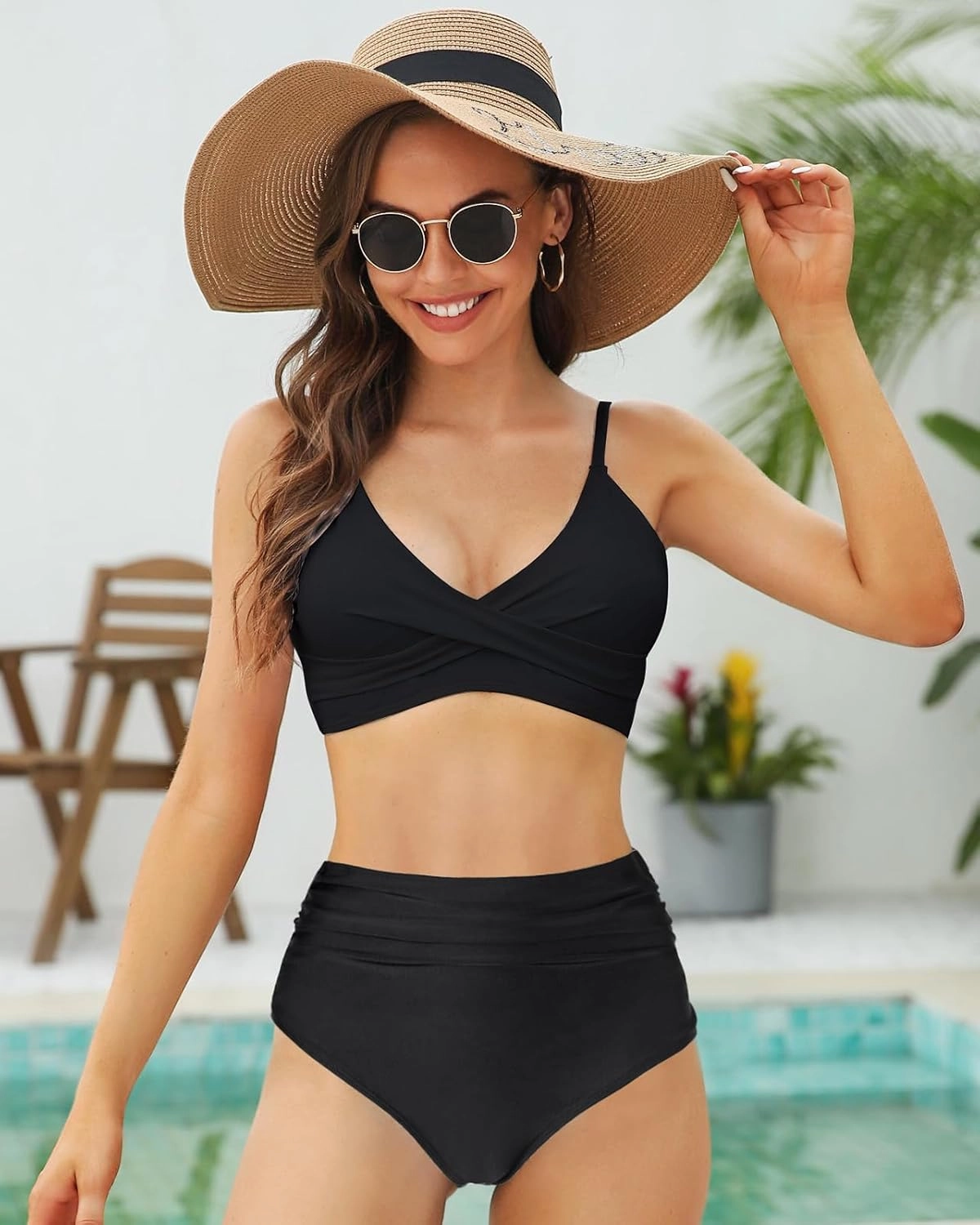 Women's High Waisted Bikini Sets Push Up Twist Front Spaghetti Straps Ruched Two Piece Swimsuit Bathing Suit