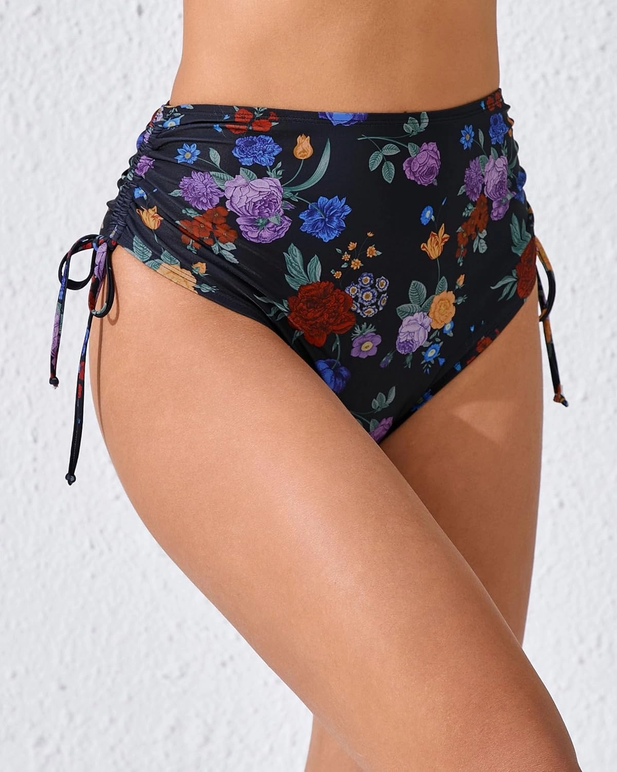 Women's High Waisted Full Coverage Cheeky Bikini Bottoms Tummy Control Adjustable Dtawstring Swim Bottoms