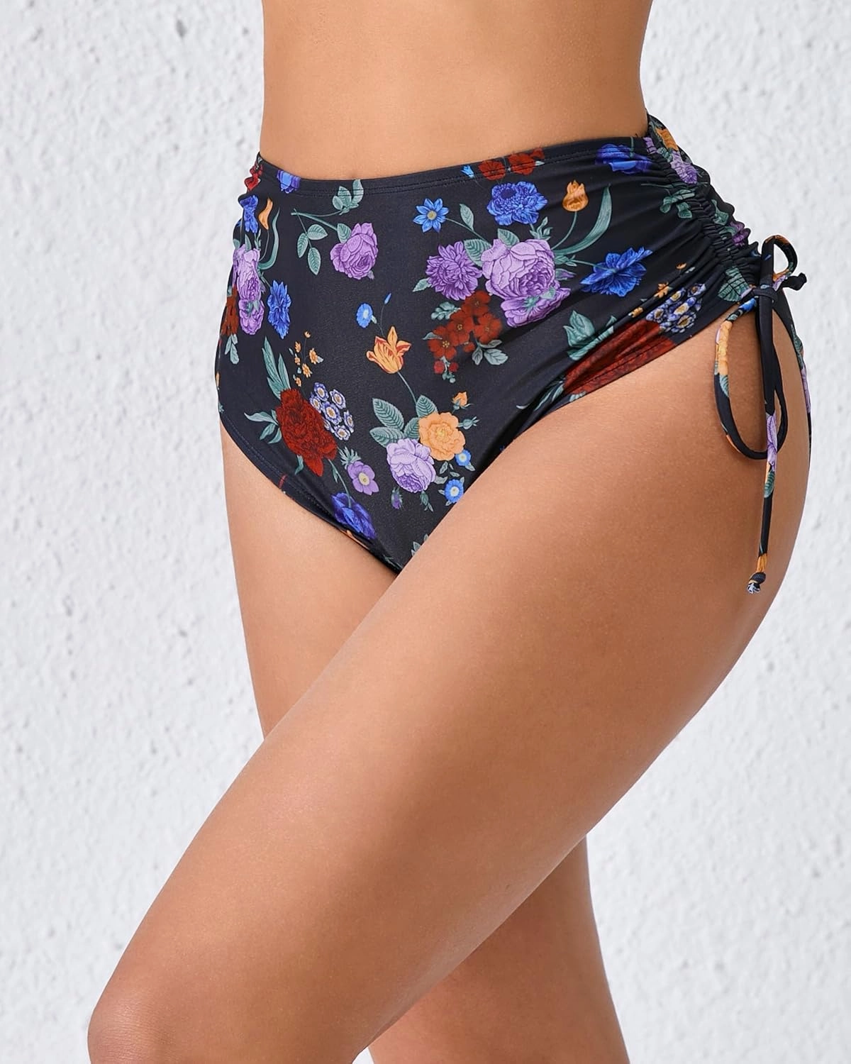 Women's High Waisted Full Coverage Cheeky Bikini Bottoms Tummy Control Adjustable Dtawstring Swim Bottoms
