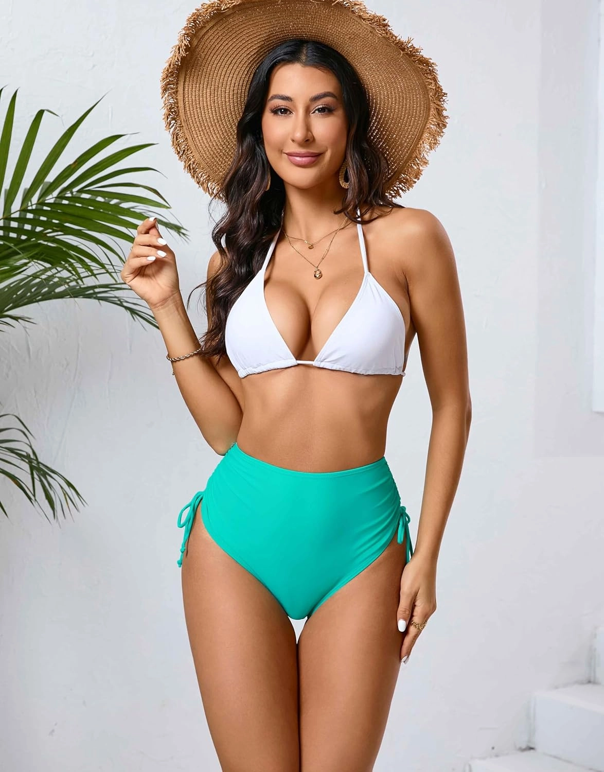 Women's High Waisted Full Coverage Cheeky Bikini Bottoms Tummy Control Adjustable Dtawstring Swim Bottoms