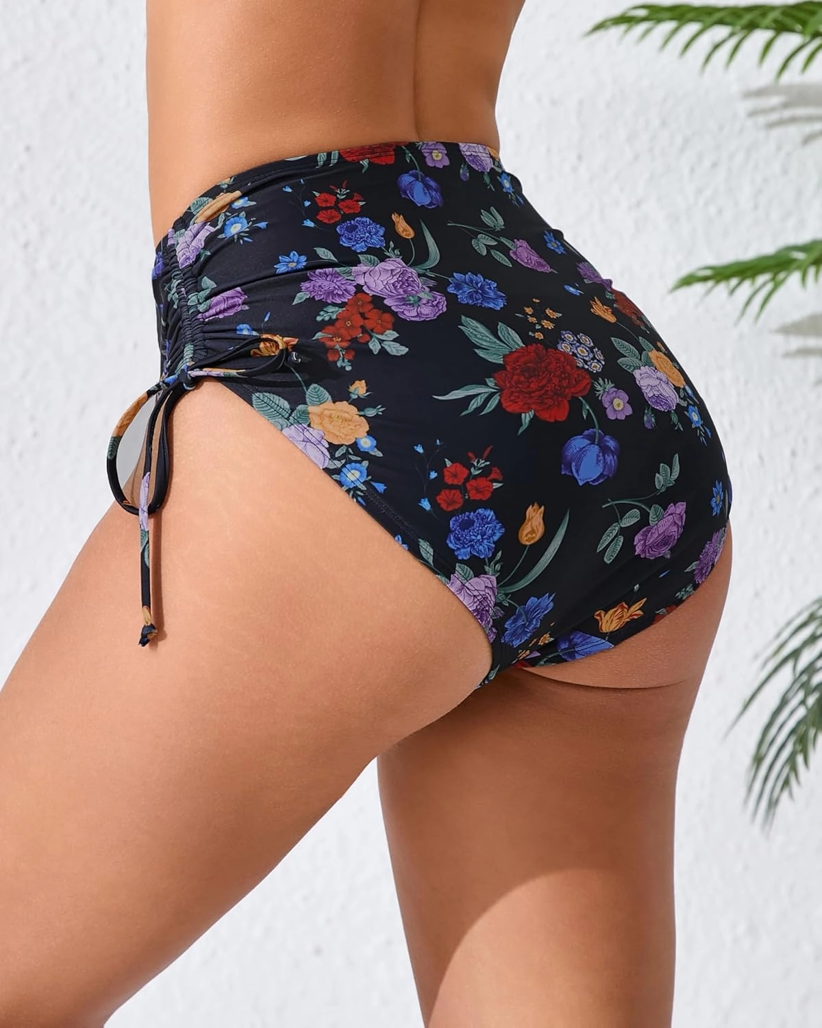 Women's High Waisted Full Coverage Cheeky Bikini Bottoms Tummy Control Adjustable Dtawstring Swim Bottoms