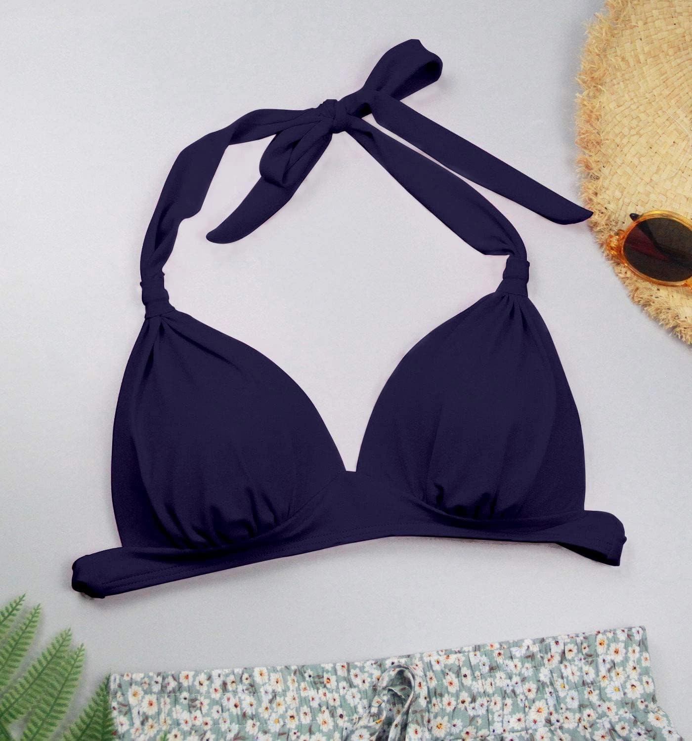 Women's Retro 50s Plaid Pattern Polka Dot Halter Molded Soft Pads Vintage Bikini Swimsuits Tops