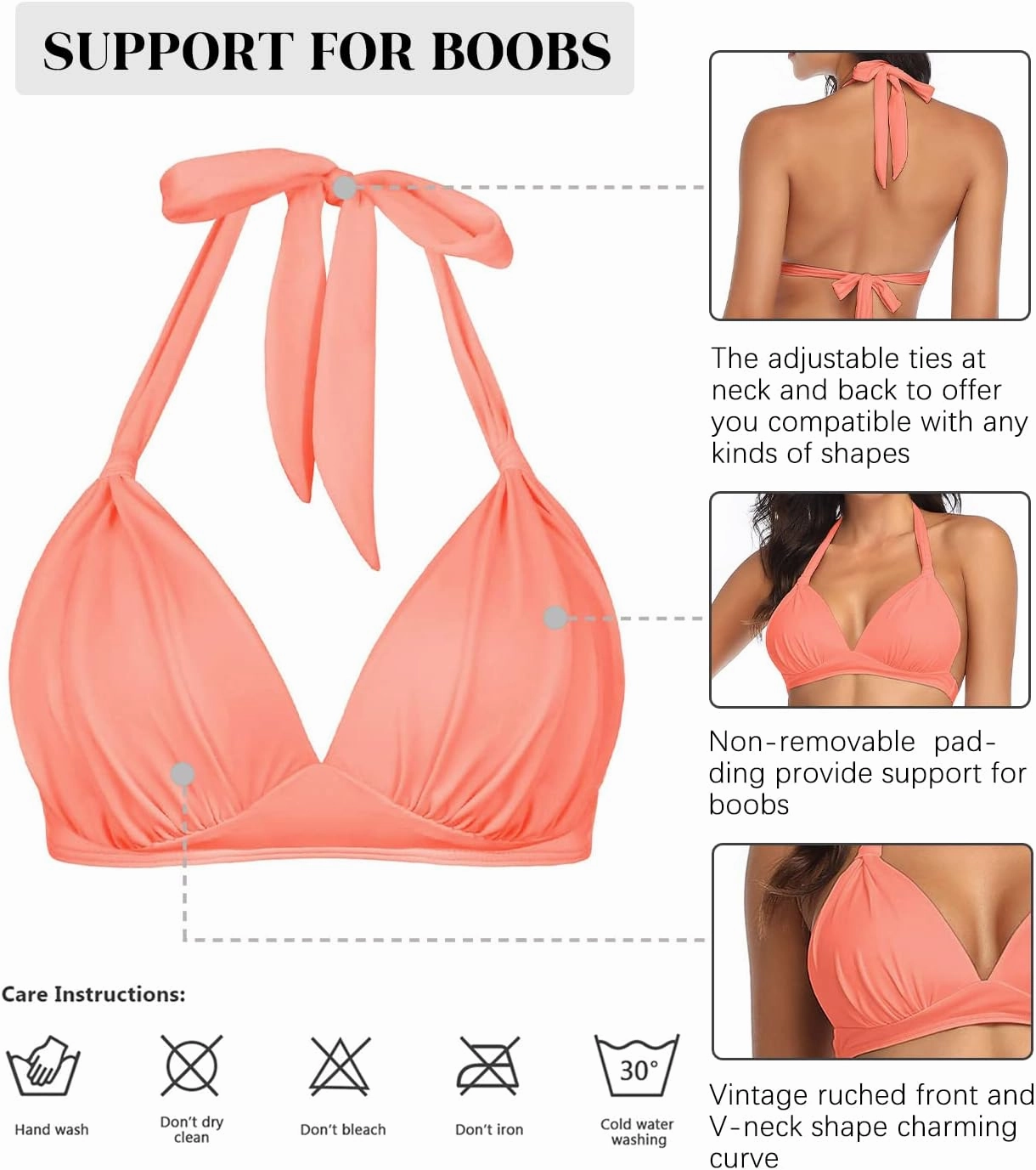 Women's Retro 50s Plaid Pattern Polka Dot Halter Molded Soft Pads Vintage Bikini Swimsuits Tops