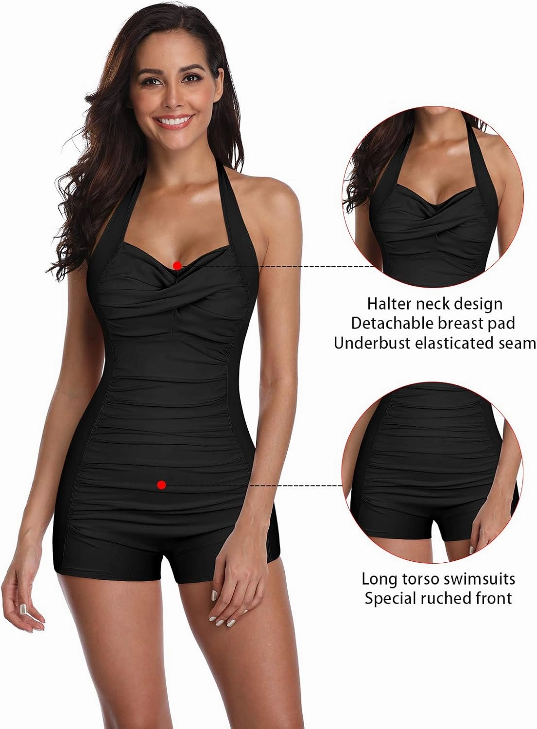 Women's Retro Halter Bathing Suits Vintage One Piece Swimsuit for Women Tummy Control Plus Boy-Leg Ruched Push up Swimsuit