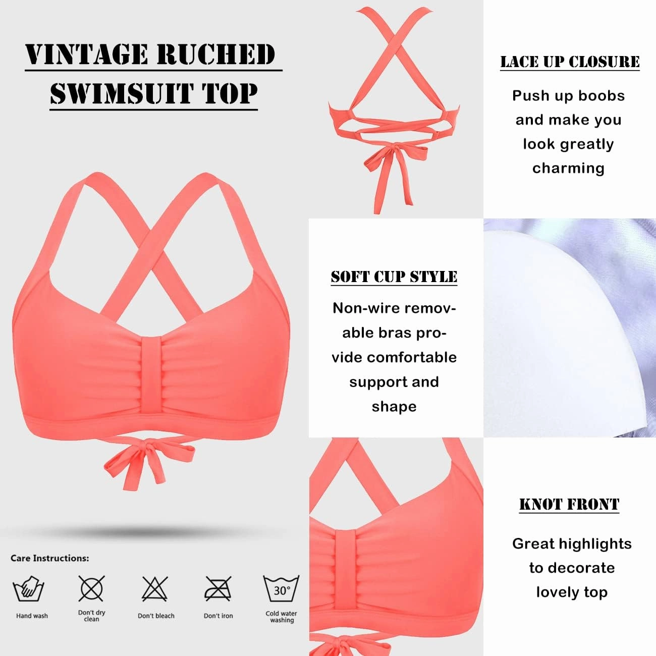 Women's Retro Printed Adjustable Thick Straps Cross Back Push Up Vintage Bikini Swimsuit Tops Only