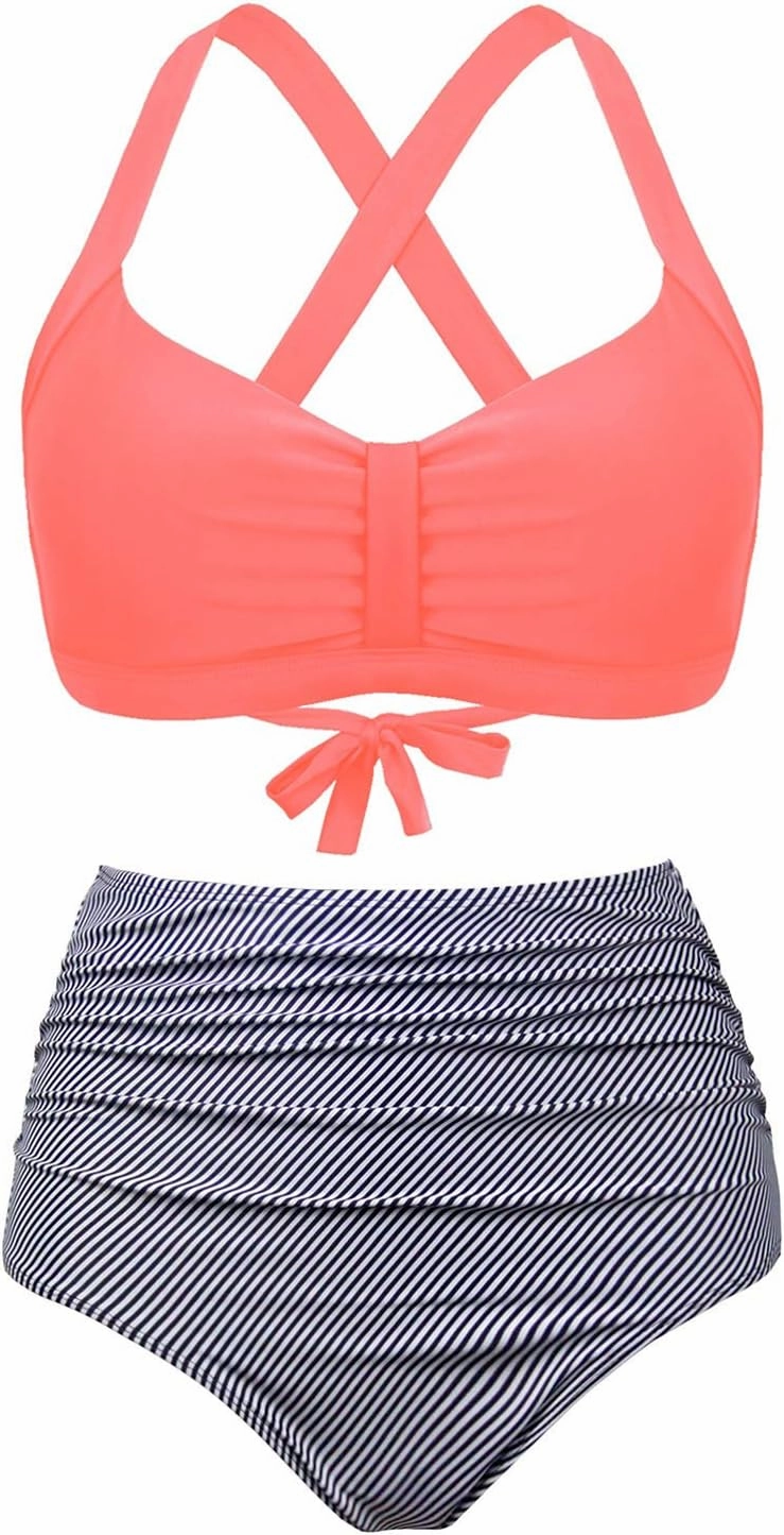 Women's Retro Printed Adjustable Thick Straps Cross Back Push Up Vintage Bikini Swimsuit Tops Only