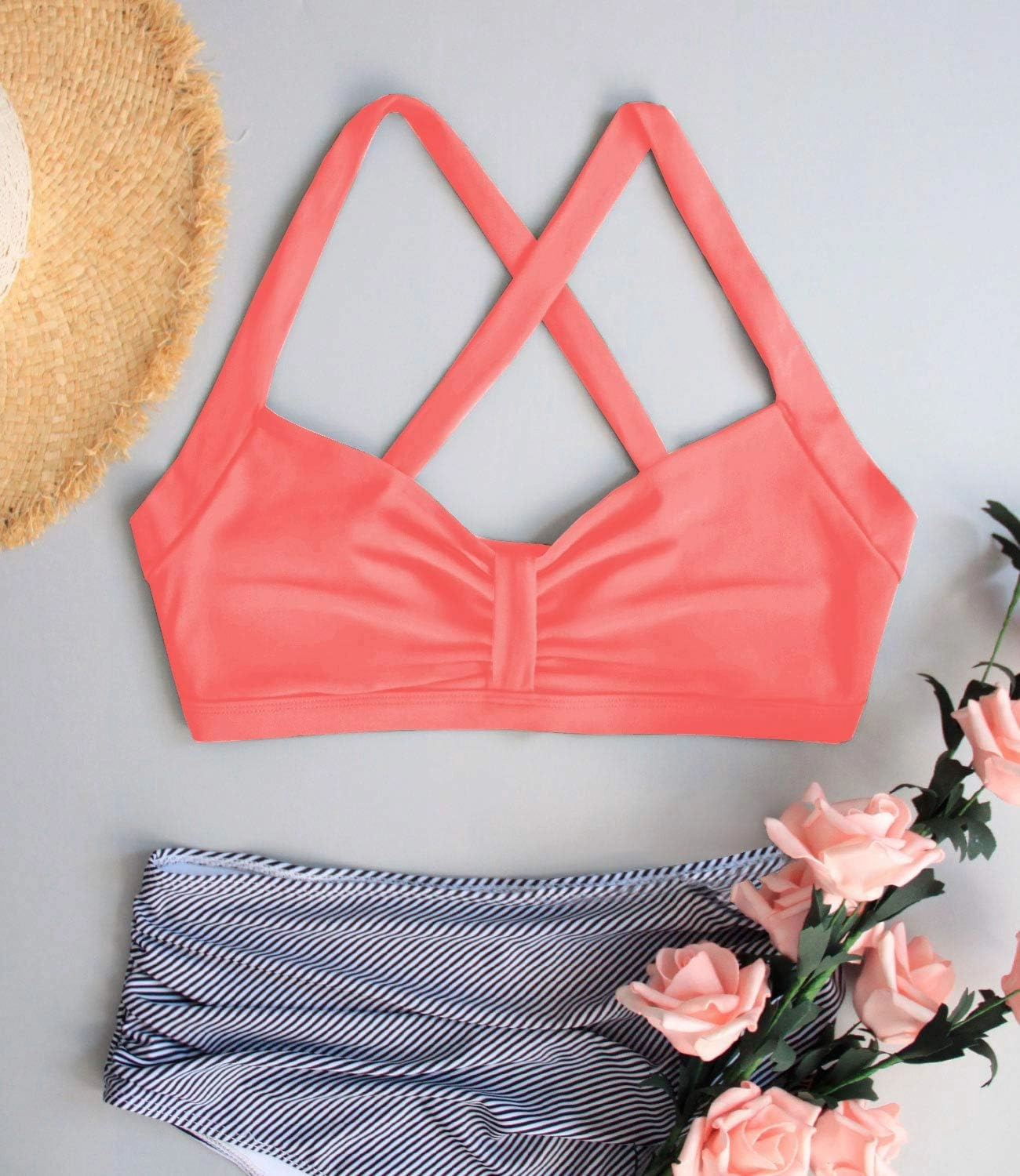 Women's Retro Printed Adjustable Thick Straps Cross Back Push Up Vintage Bikini Swimsuit Tops Only