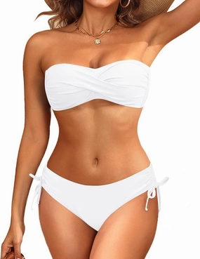Women's Strapless Bandeau Bikini Set - Twist Front Two Piece Swimsuit Top with Side Tie Bathing Suit Bottom