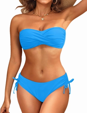 Women's Strapless Bandeau Bikini Set - Twist Front Two Piece Swimsuit Top with Side Tie Bathing Suit Bottom