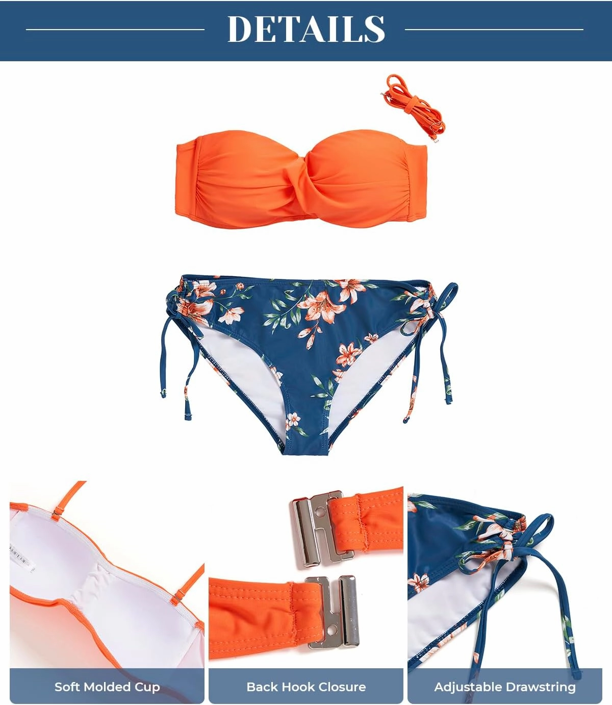 Women's Strapless Bandeau Bikini Set - Twist Front Two Piece Swimsuit Top with Side Tie Bathing Suit Bottom