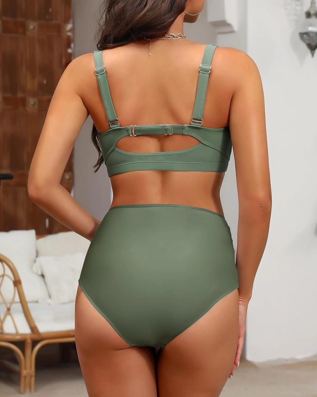 Women's Twist Front Full Coverage Swimsuit V Neck Padded High Waisted Ruched Bikini Set Two Piece Bathing Suit