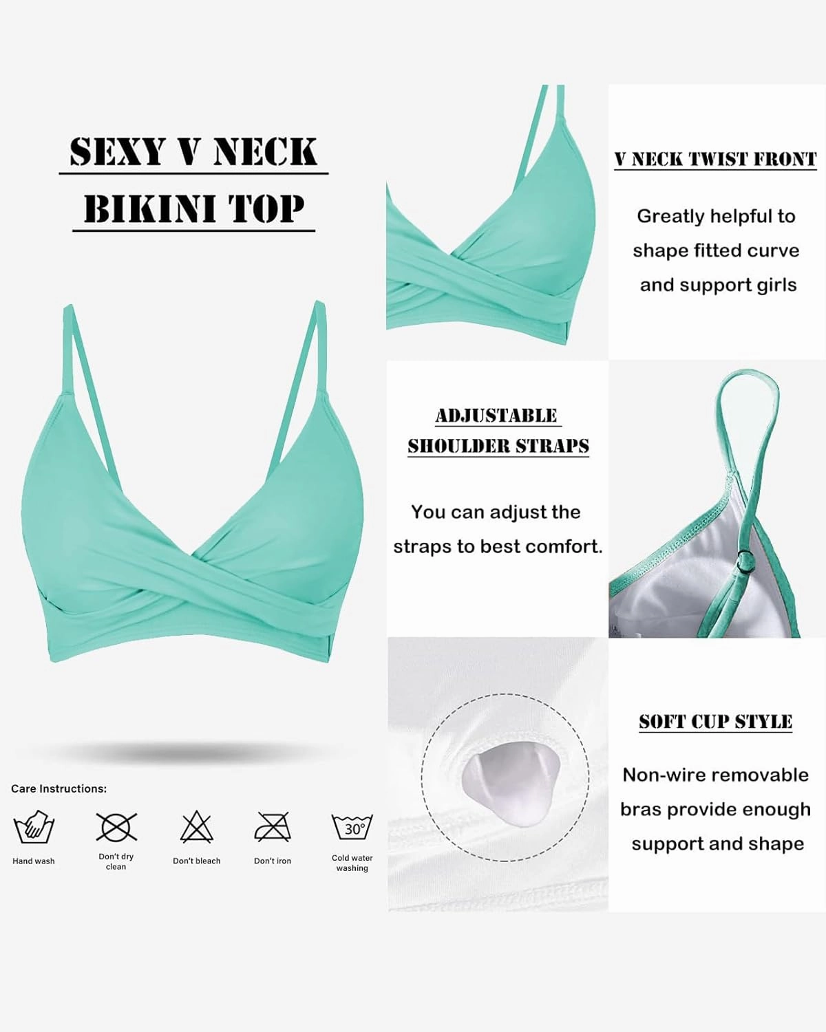 Women's Twist Front V Neck Bikini Top Padded Adjustable Spaghetti Straps Bathing Suit Tops Only
