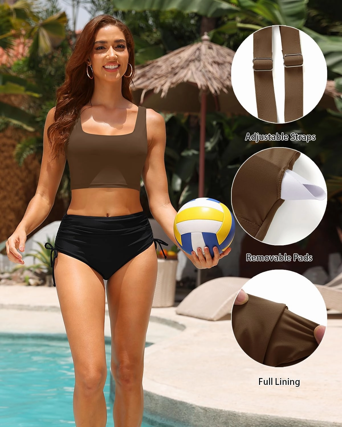 Women Sports Bra Swimsuit Top - Crop Bikini Top Only Modest Bathing Suit 2025 Square Neck Swimwear