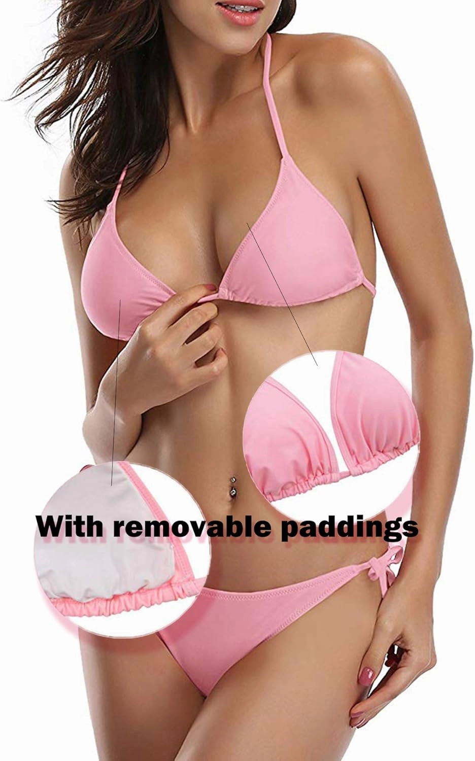 Women Triangle Bikini Top Push up Padded V-Neck Lace-up Basic Swimsuit Top