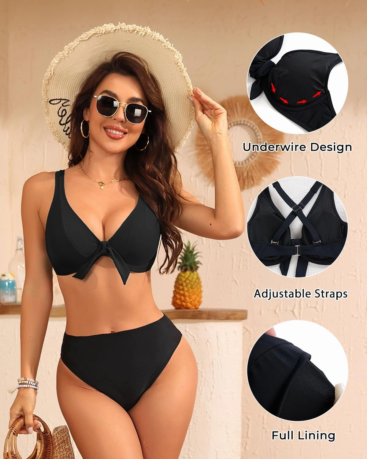Women Underwire Bikini Top Only - Knot Front Bathing Suit Top Swim Bra Push Up Swimsuits Top