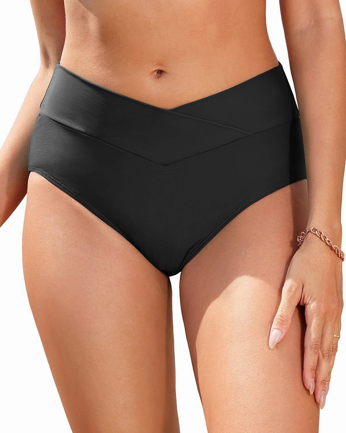 Women V Cut Full Coverage Bikini Bottom - High Waist Swim Bathing Suit Bottoms Cross V Front Swimsuit