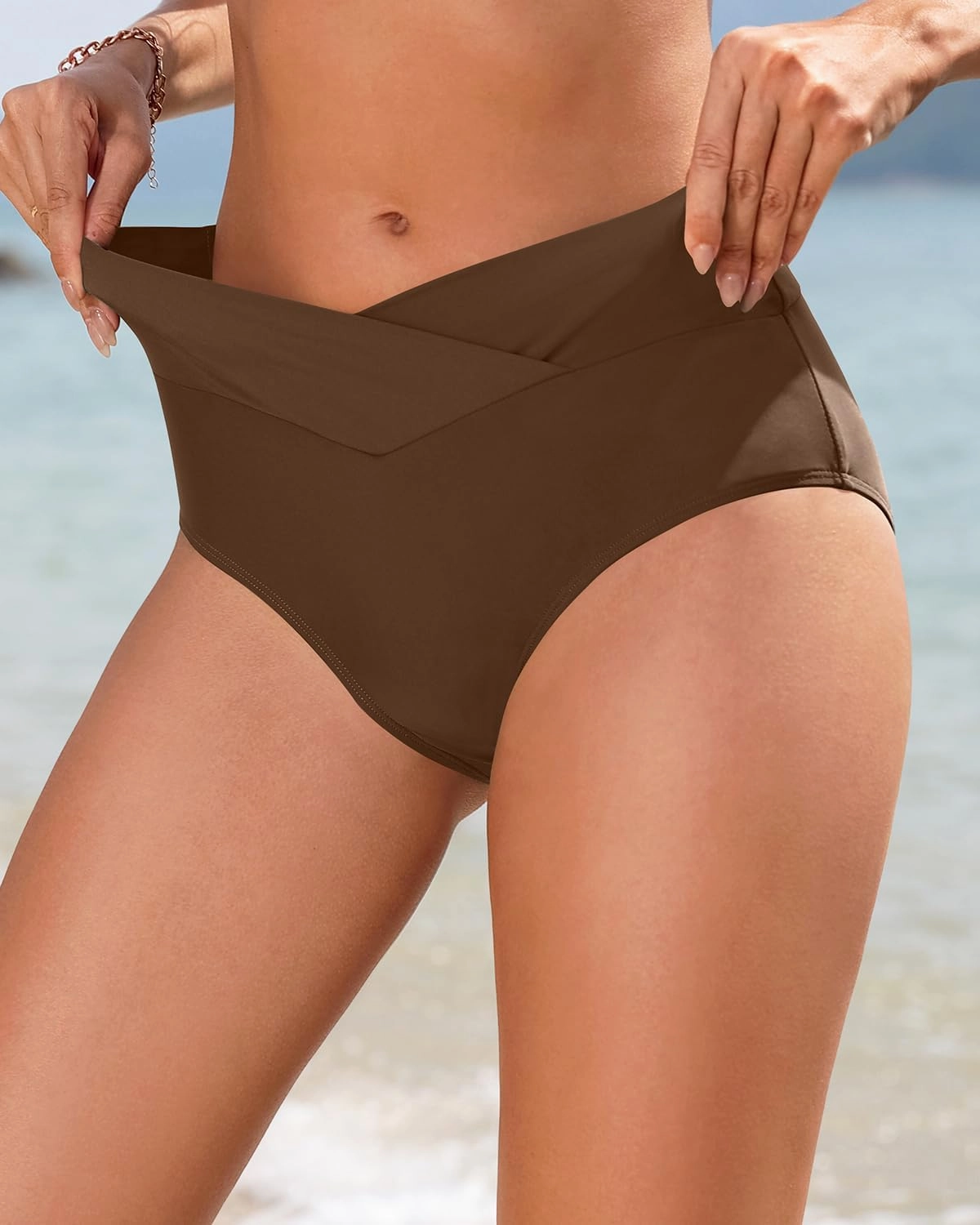 Women V Cut Full Coverage Bikini Bottom - High Waist Swim Bathing Suit Bottoms Cross V Front Swimsuit
