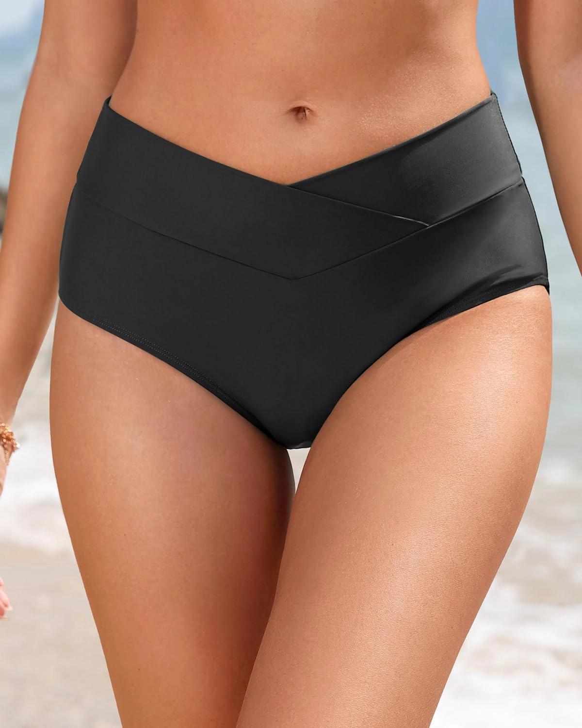 Women V Cut Full Coverage Bikini Bottom - High Waist Swim Bathing Suit Bottoms Cross V Front Swimsuit