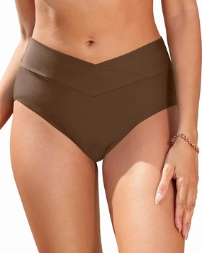 Women V Cut Full Coverage Bikini Bottom - High Waist Swim Bathing Suit Bottoms Cross V Front Swimsuit