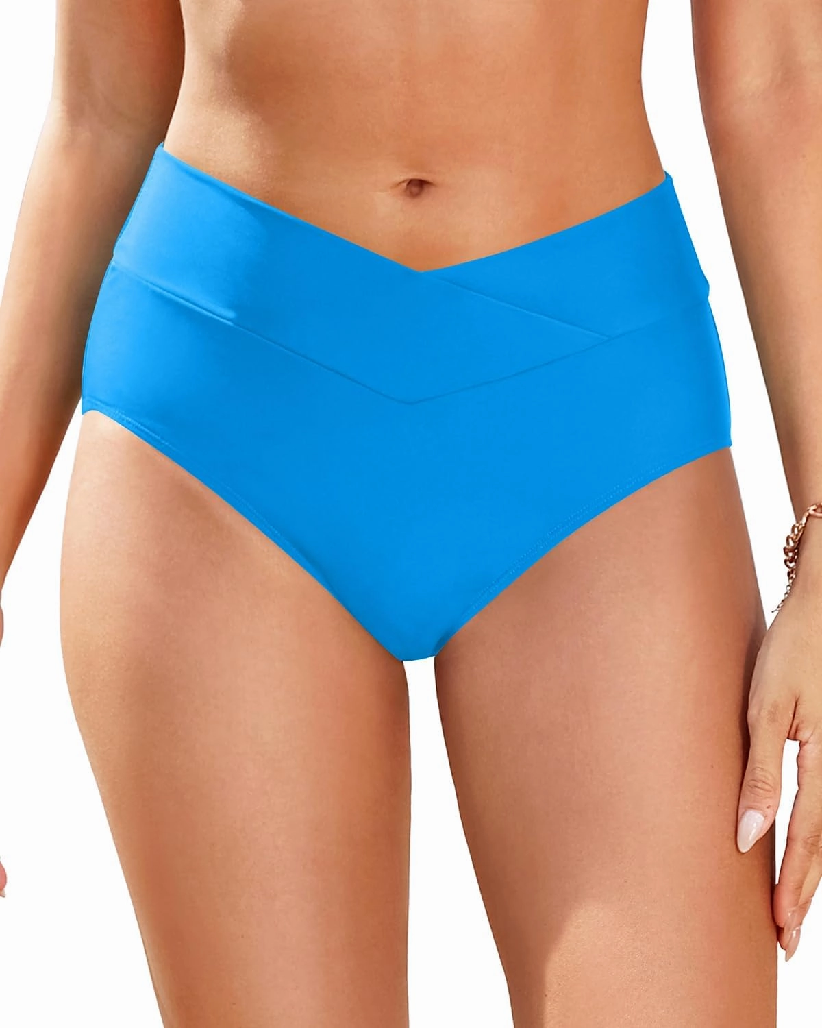 Women V Cut Full Coverage Bikini Bottom - High Waist Swim Bathing Suit Bottoms Cross V Front Swimsuit
