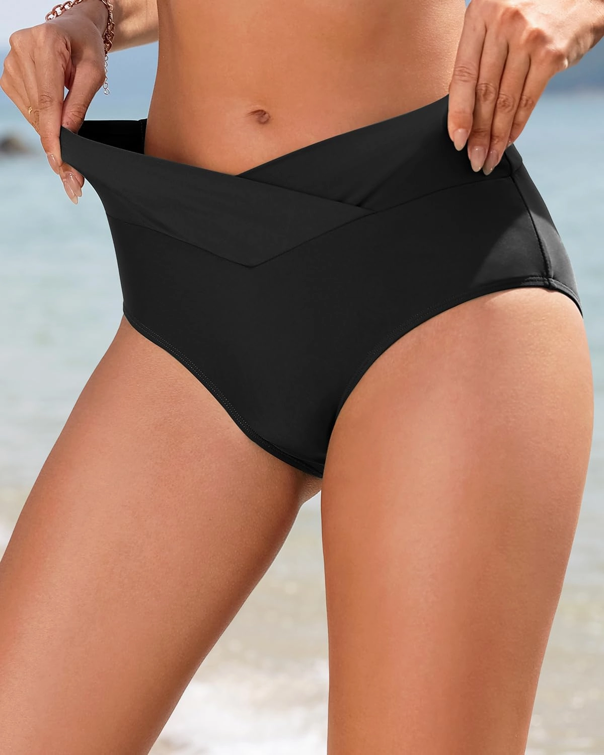 Women V Cut Full Coverage Bikini Bottom - High Waist Swim Bathing Suit Bottoms Cross V Front Swimsuit
