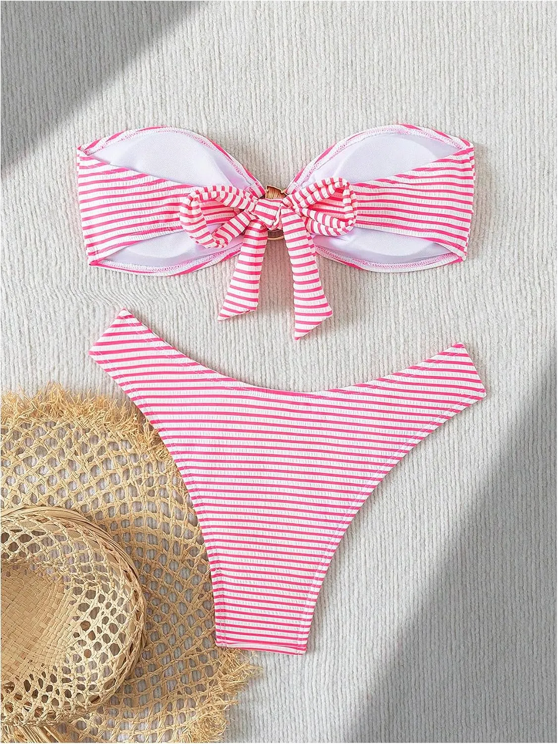 Women's 2 Piece Strapless Striped Bikini Sets Tie Backless Bandeau Bra Bathing Suit Boho Swimsuit