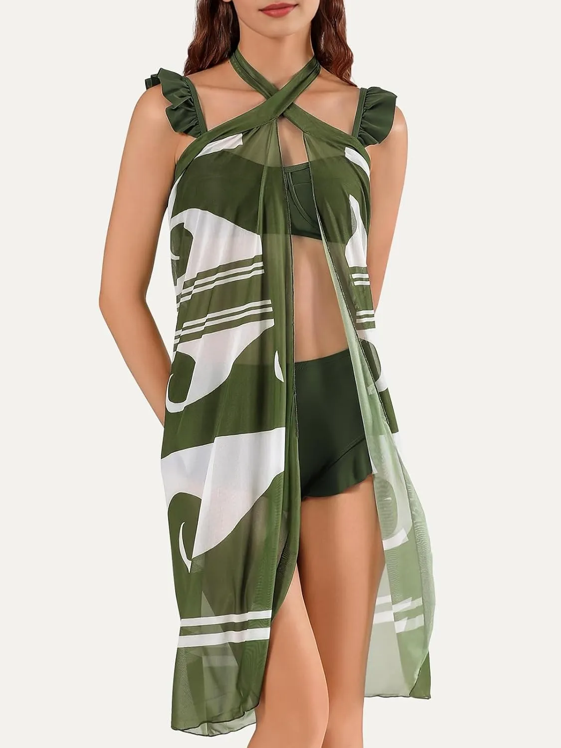 Womens 3 Piece Swimsuits with Cover Up 3 Pieces Bikini Set with Sarong High Waisted Bikini with Beach Cover Up Set