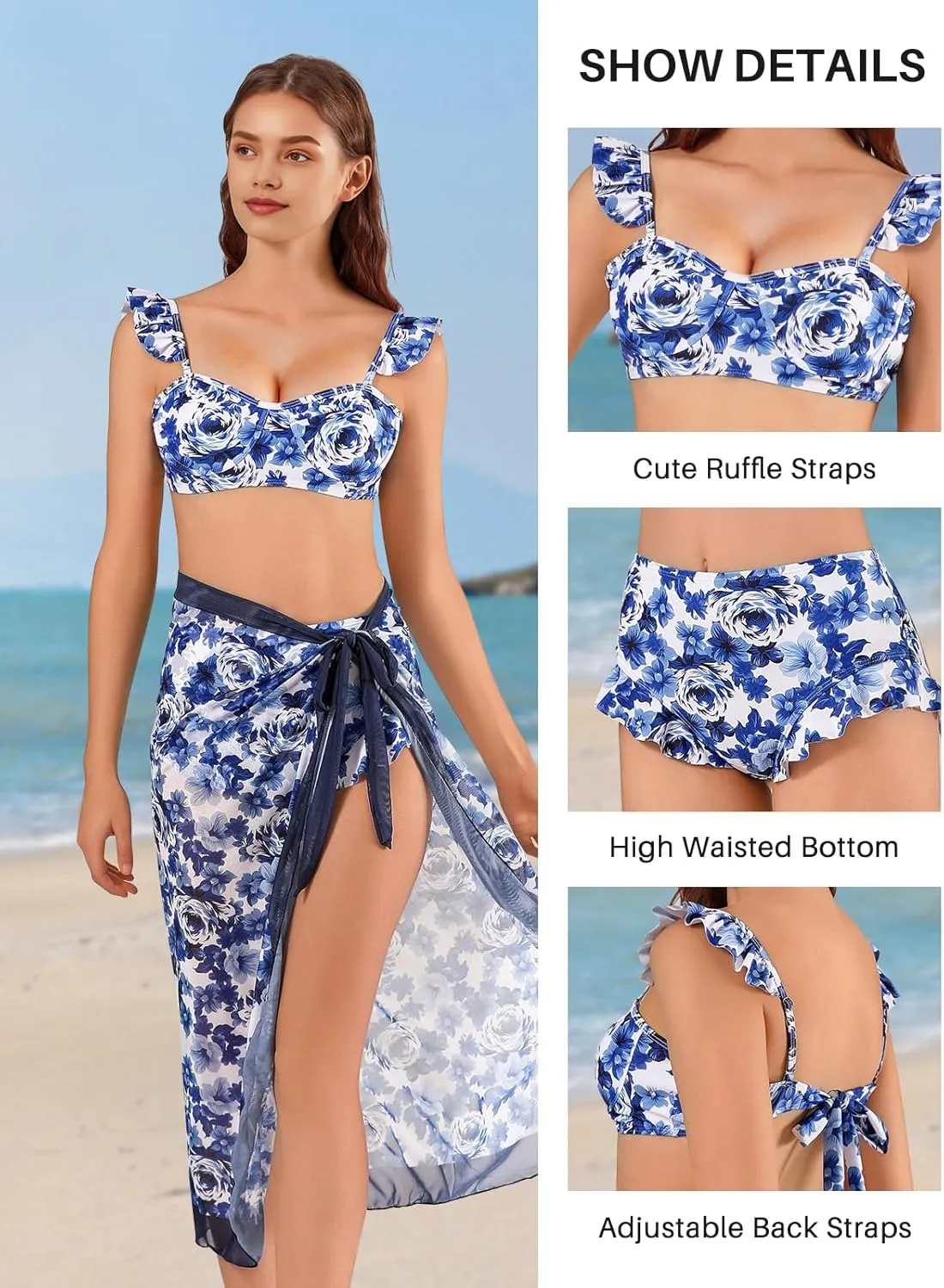 Womens 3 Piece Swimsuits with Cover Up 3 Pieces Bikini Set with Sarong High Waisted Bikini with Beach Cover Up Set