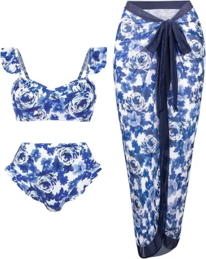 Womens 3 Piece Swimsuits with Cover Up 3 Pieces Bikini Set with Sarong High Waisted Bikini with Beach Cover Up Set