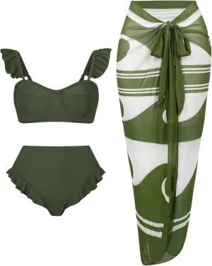 Womens 3 Piece Swimsuits with Cover Up 3 Pieces Bikini Set with Sarong High Waisted Bikini with Beach Cover Up Set