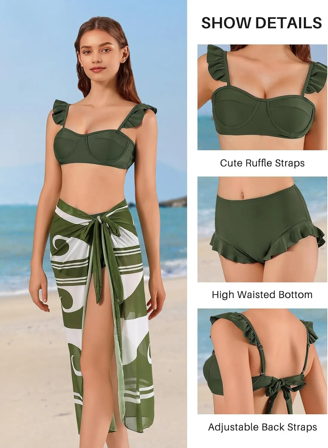 Womens 3 Piece Swimsuits with Cover Up 3 Pieces Bikini Set with Sarong High Waisted Bikini with Beach Cover Up Set