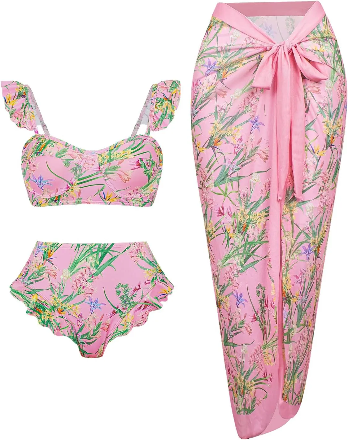 Womens 3 Piece Swimsuits with Cover Up 3 Pieces Bikini Set with Sarong High Waisted Bikini with Beach Cover Up Set