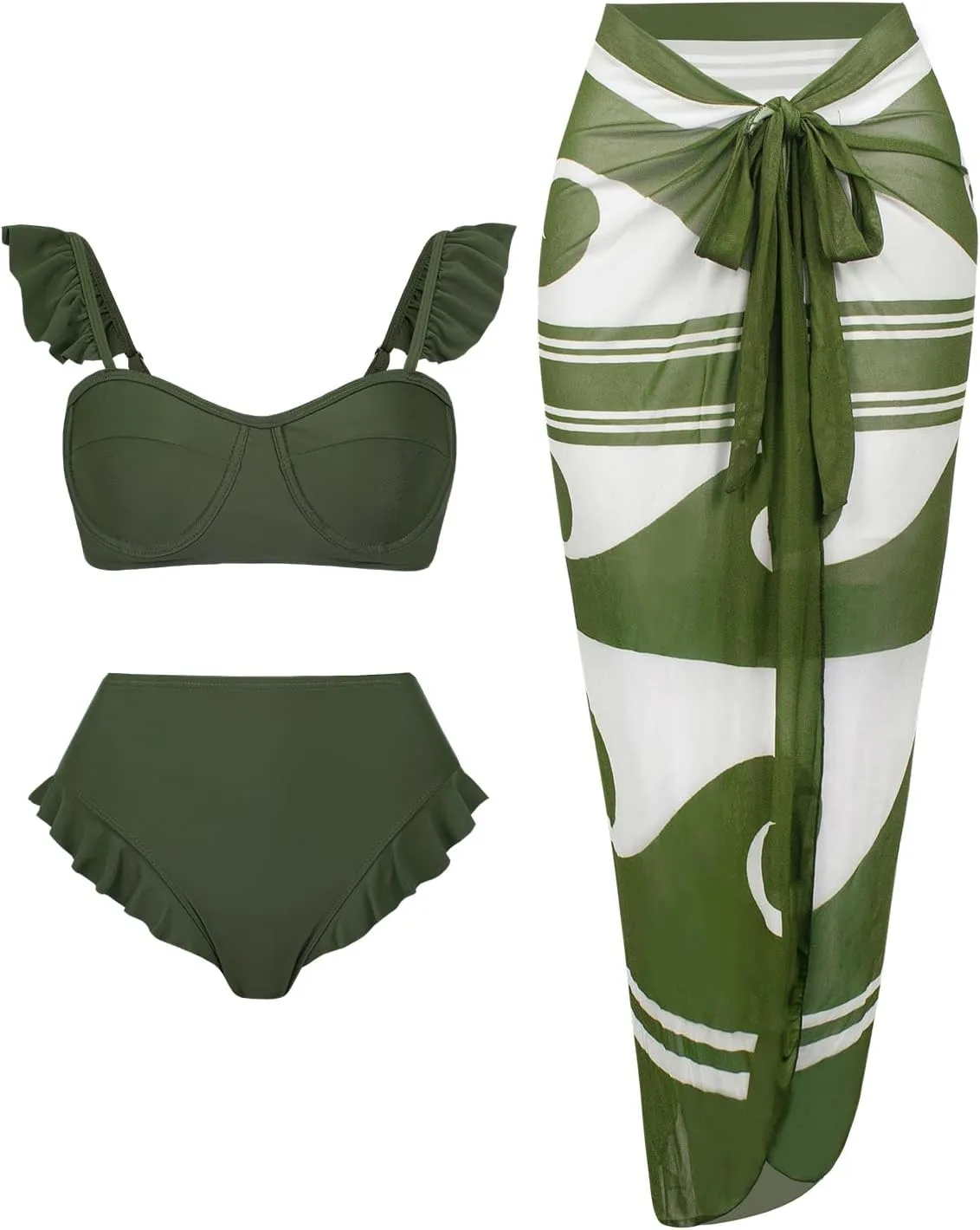 Womens 3 Piece Swimsuits with Cover Up 3 Pieces Bikini Set with Sarong High Waisted Bikini with Beach Cover Up Set