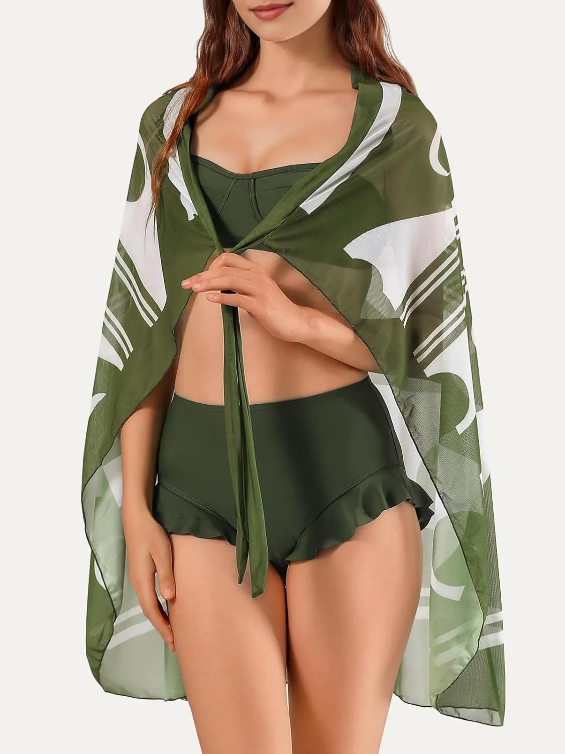 Womens 3 Piece Swimsuits with Cover Up 3 Pieces Bikini Set with Sarong High Waisted Bikini with Beach Cover Up Set