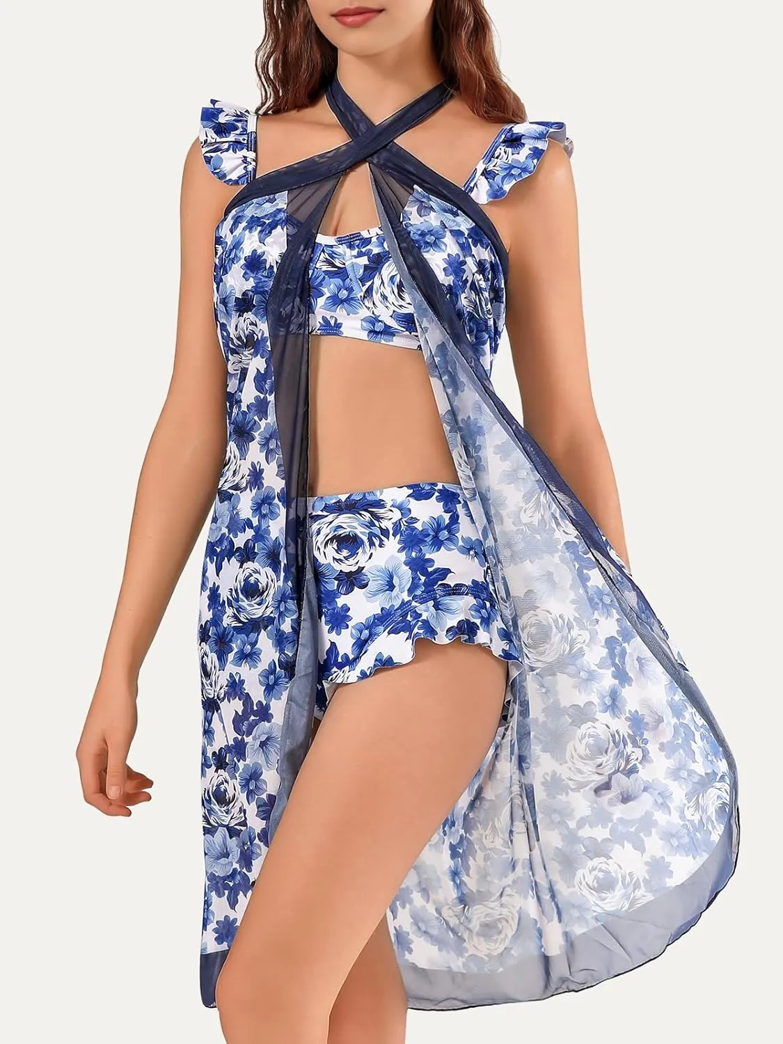 Womens 3 Piece Swimsuits with Cover Up 3 Pieces Bikini Set with Sarong High Waisted Bikini with Beach Cover Up Set