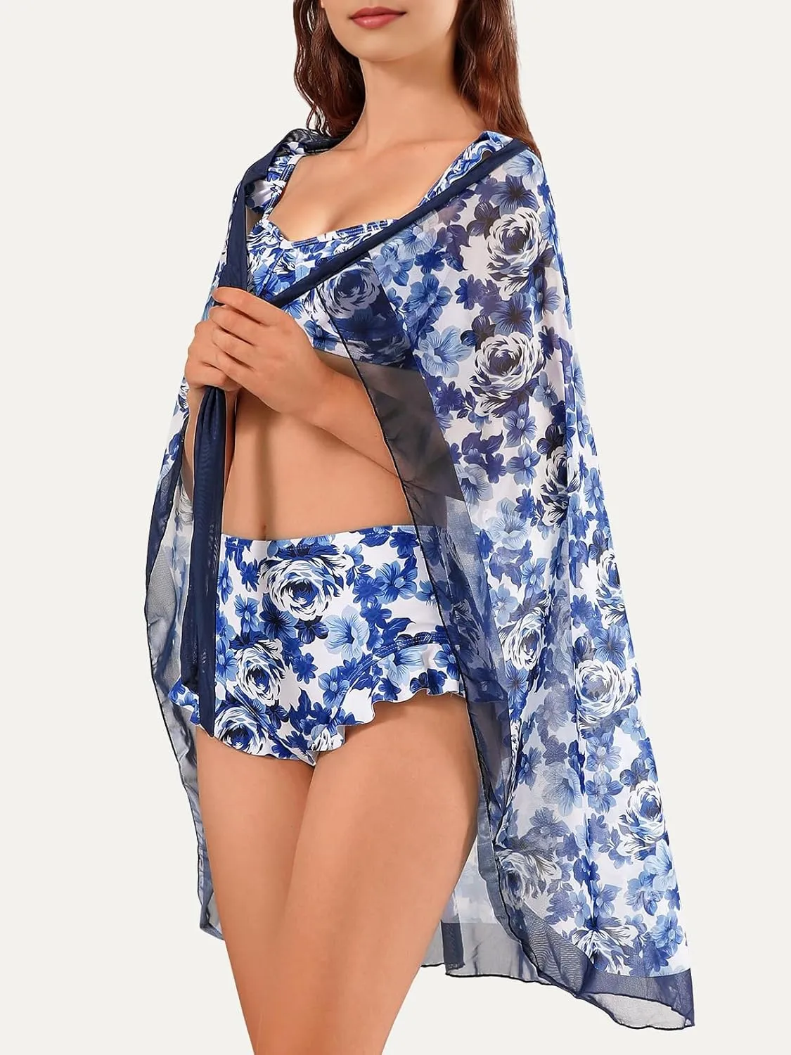 Womens 3 Piece Swimsuits with Cover Up 3 Pieces Bikini Set with Sarong High Waisted Bikini with Beach Cover Up Set