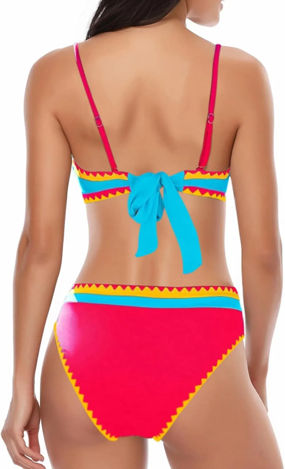 Women's Bandeau Bikini Strapless Bikini Neon Color Block Two Piece Whip Stitch Trim Bathing Suits