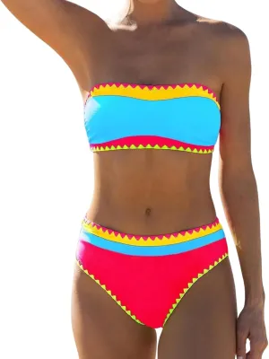 Women's Bandeau Bikini Strapless Bikini Neon Color Block Two Piece Whip Stitch Trim Bathing Suits
