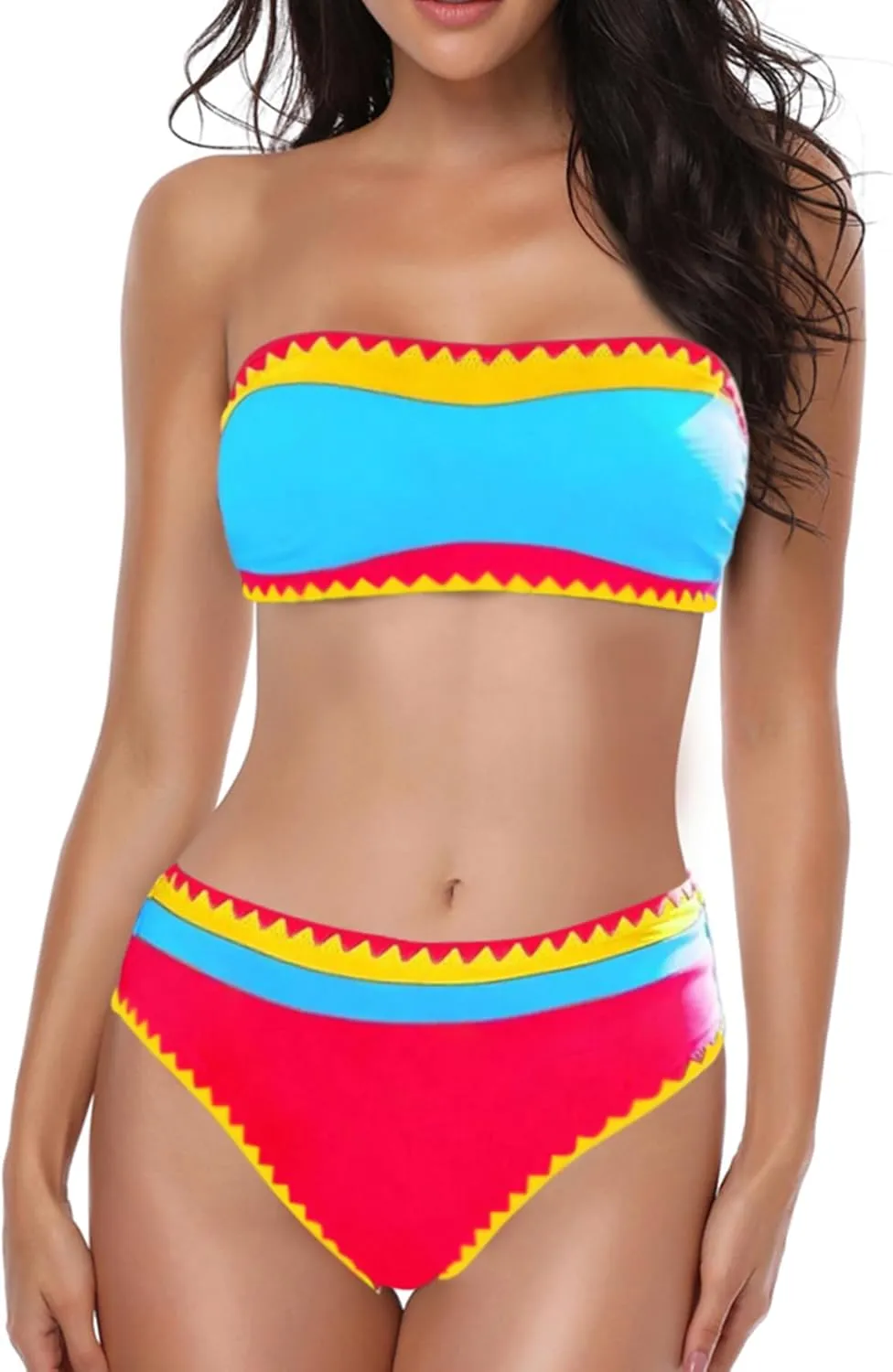 Women's Bandeau Bikini Strapless Bikini Neon Color Block Two Piece Whip Stitch Trim Bathing Suits