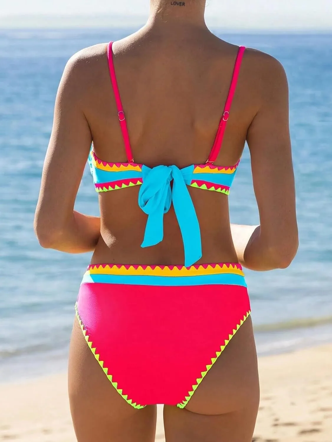 Women's Bandeau Bikini Strapless Bikini Neon Color Block Two Piece Whip Stitch Trim Bathing Suits
