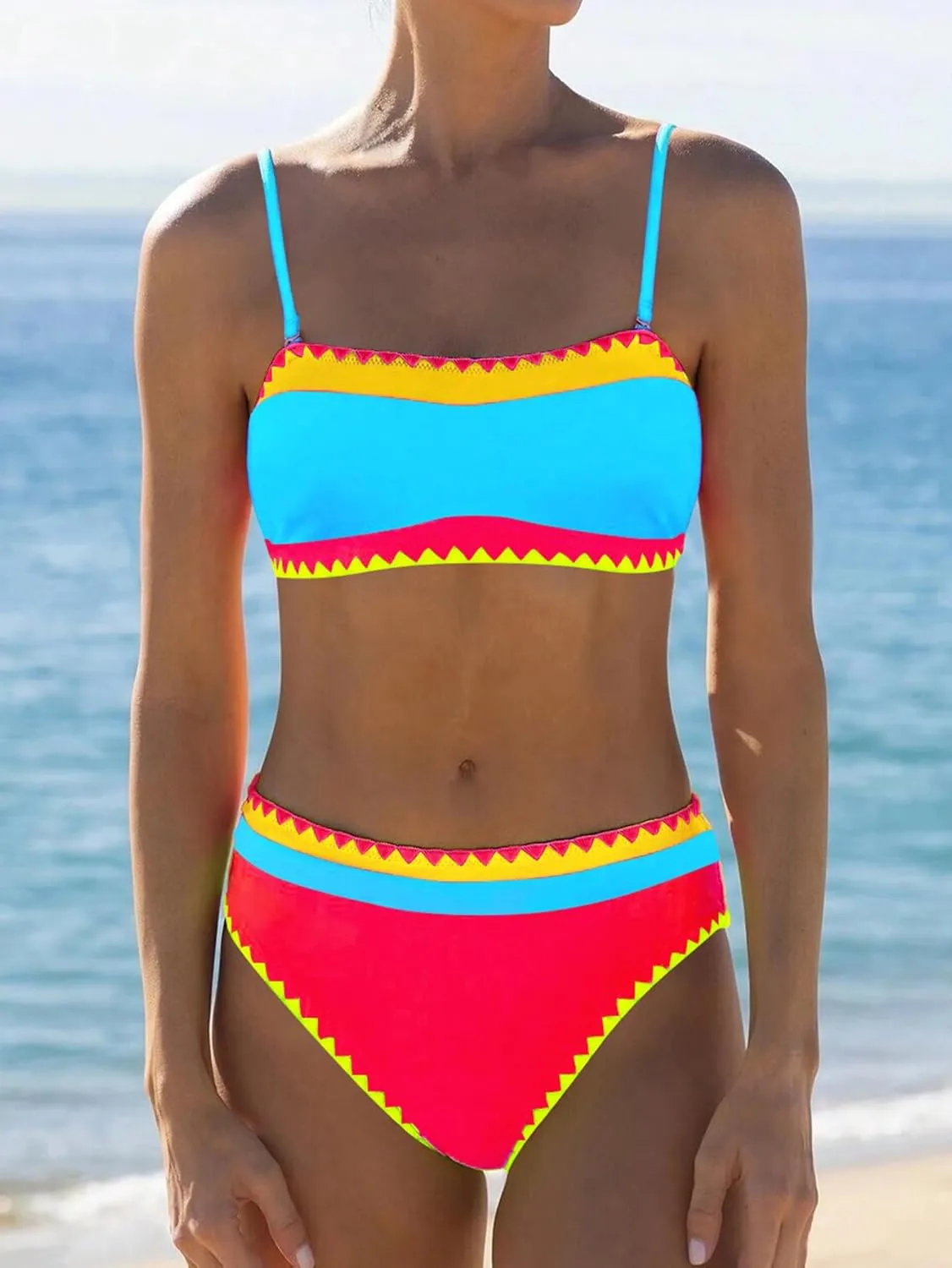 Women's Bandeau Bikini Strapless Bikini Neon Color Block Two Piece Whip Stitch Trim Bathing Suits
