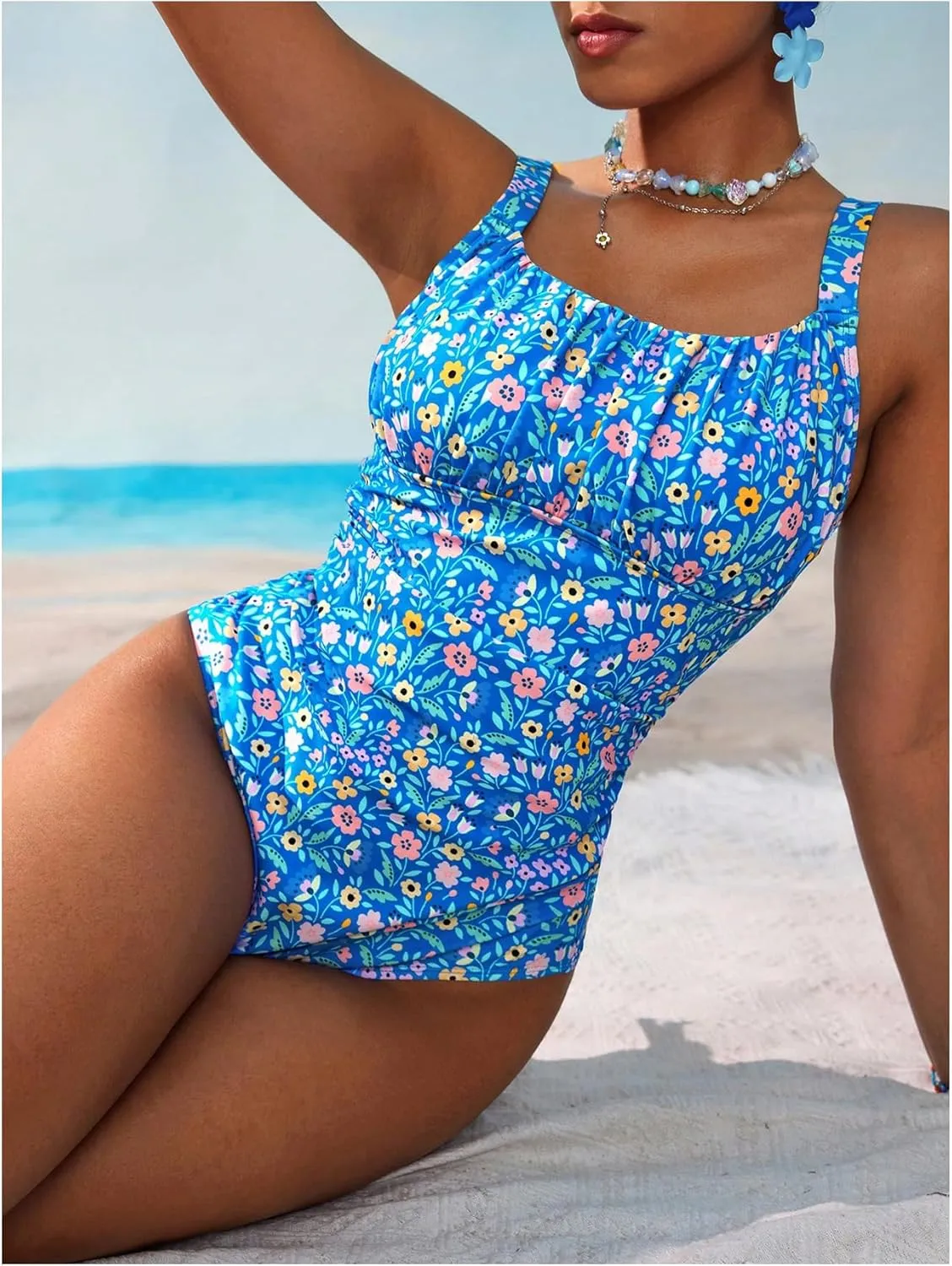 Women's Boho Floral Print One Piece Swimsuit Y2K Bathing Suits Swimwear Beachwear