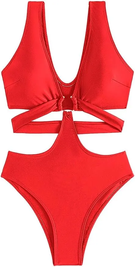 Women's Deep V Neck One Piece Swimsuit O-Ring Swimwear Sexy Cut Out Bathing Suit