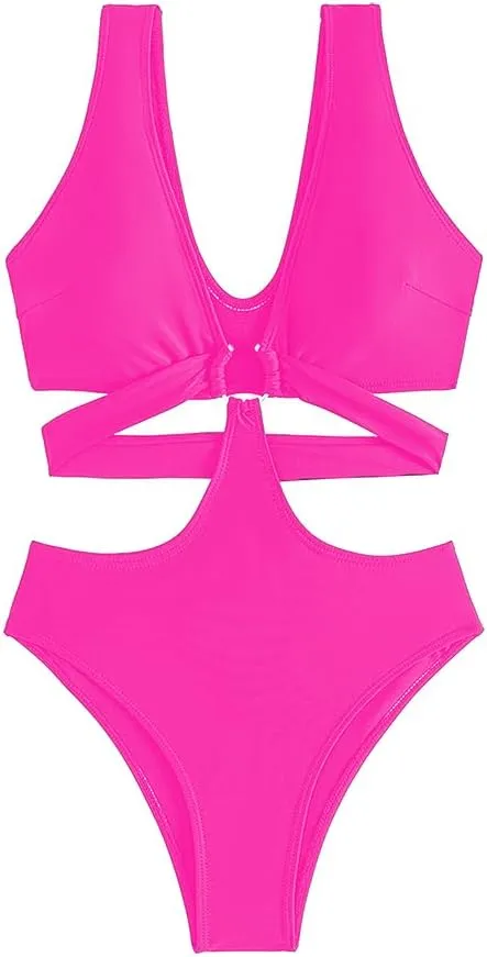 Women's Deep V Neck One Piece Swimsuit O-Ring Swimwear Sexy Cut Out Bathing Suit