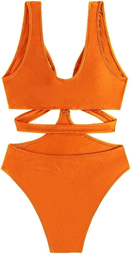 Women's Deep V Neck One Piece Swimsuit O-Ring Swimwear Sexy Cut Out Bathing Suit