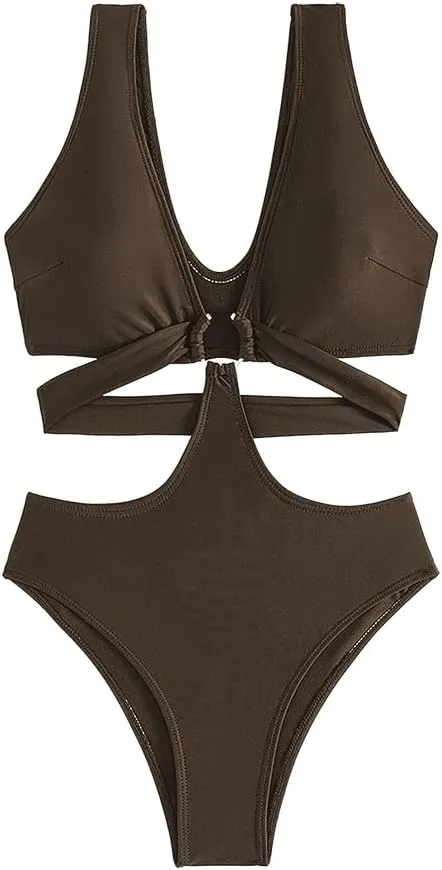 Women's Deep V Neck One Piece Swimsuit O-Ring Swimwear Sexy Cut Out Bathing Suit