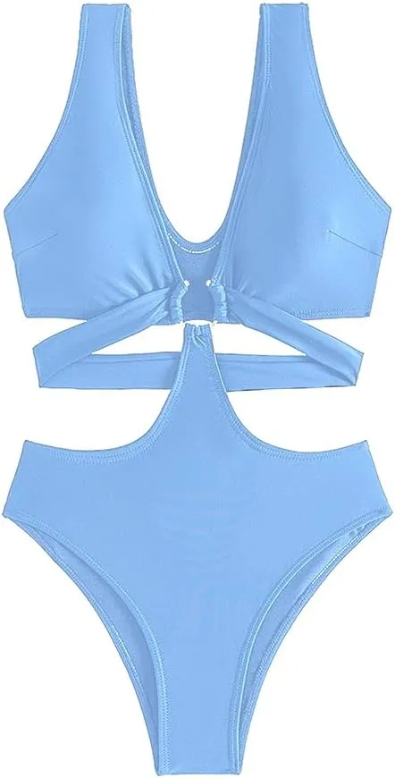 Women's Deep V Neck One Piece Swimsuit O-Ring Swimwear Sexy Cut Out Bathing Suit
