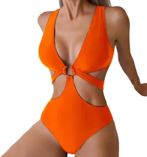 Women's Deep V Neck One Piece Swimsuit O-Ring Swimwear Sexy Cut Out Bathing Suit