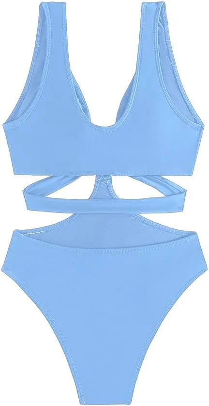 Women's Deep V Neck One Piece Swimsuit O-Ring Swimwear Sexy Cut Out Bathing Suit