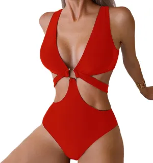 Women's Deep V Neck One Piece Swimsuit O-Ring Swimwear Sexy Cut Out Bathing Suit